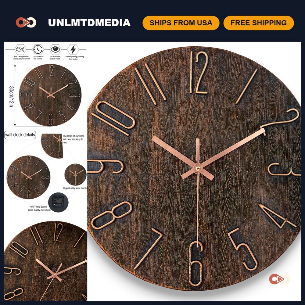 Silent Non-Ticking 12" Round Wall Clock - Modern Decor for Home, Office, Kitchen